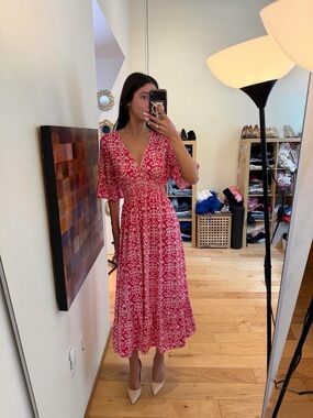 Pink Floral V-Neck Midi Dress